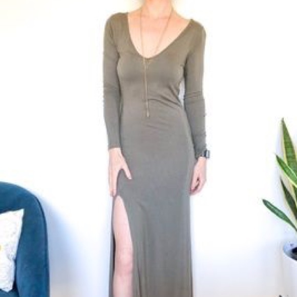 ASOS Petite Long Sleeved Olive Maxi Dress w Slit - Picture 10 of 10